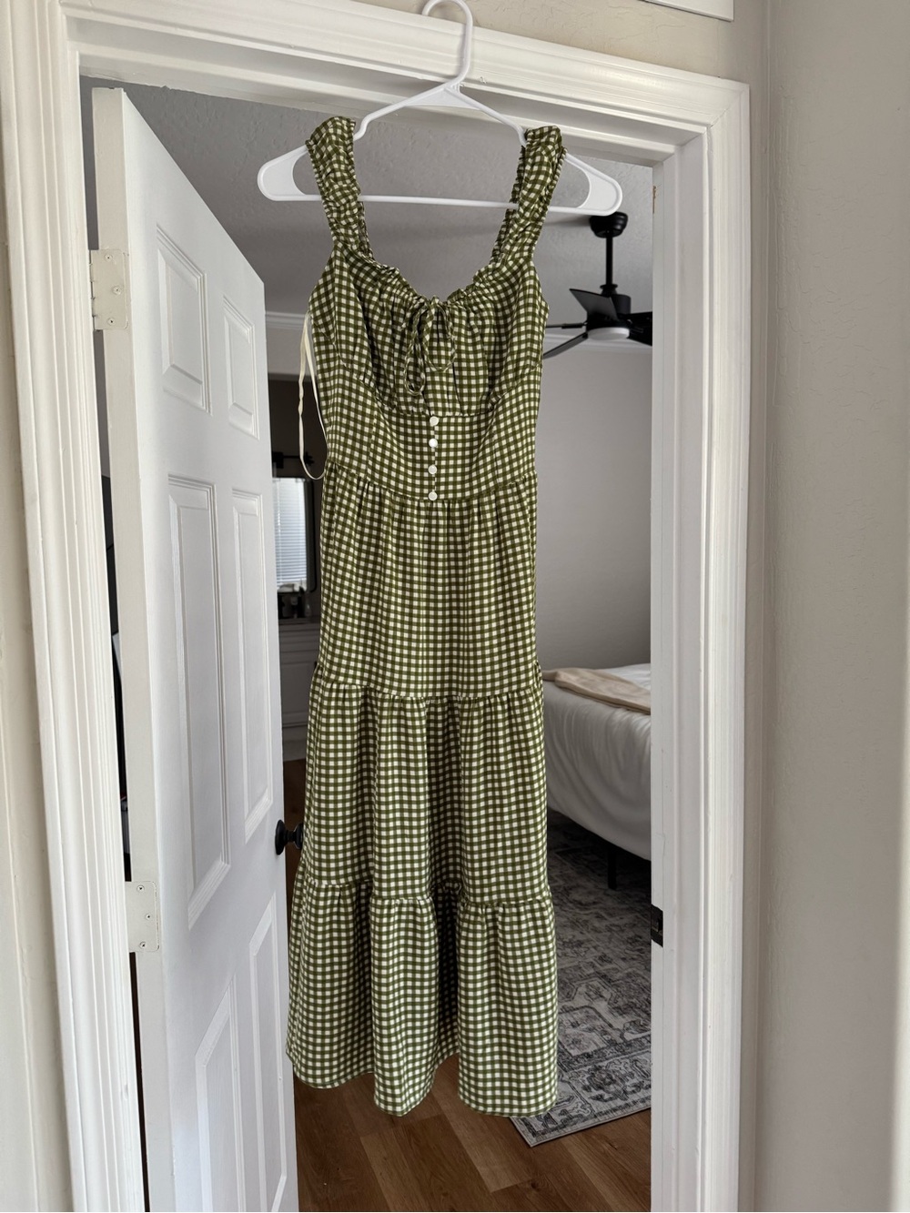 Monteau Olive Green Gingham Tiered Maxi Dress